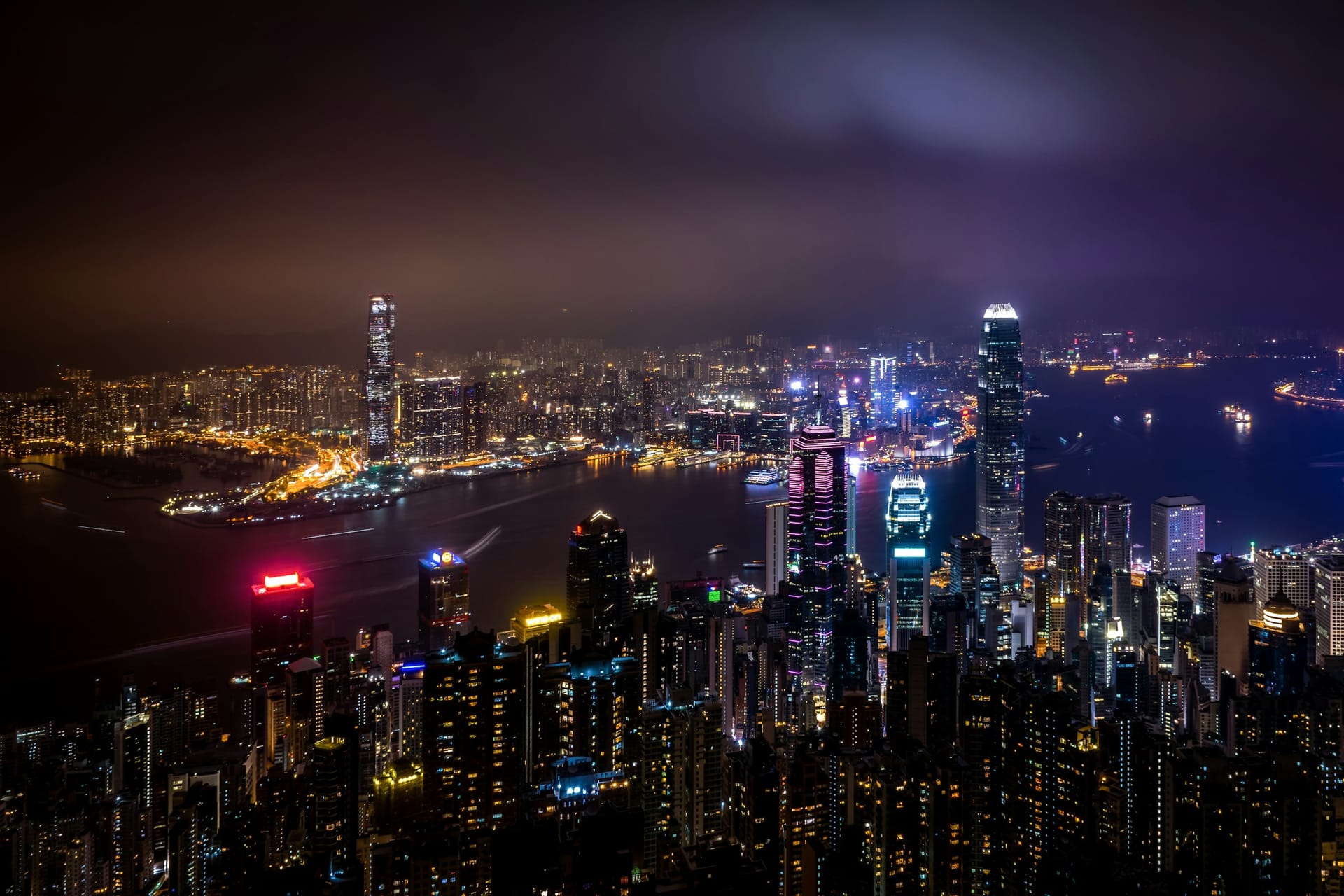 Hong Kong at night, seen from the Peak across Victoria Harbour